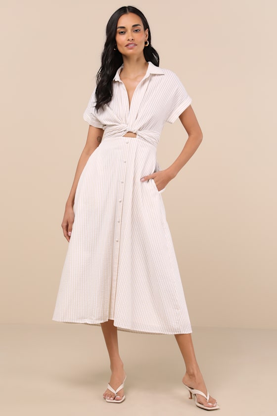 Image of Adorable Impression Beige and White Midi Dress With Pockets