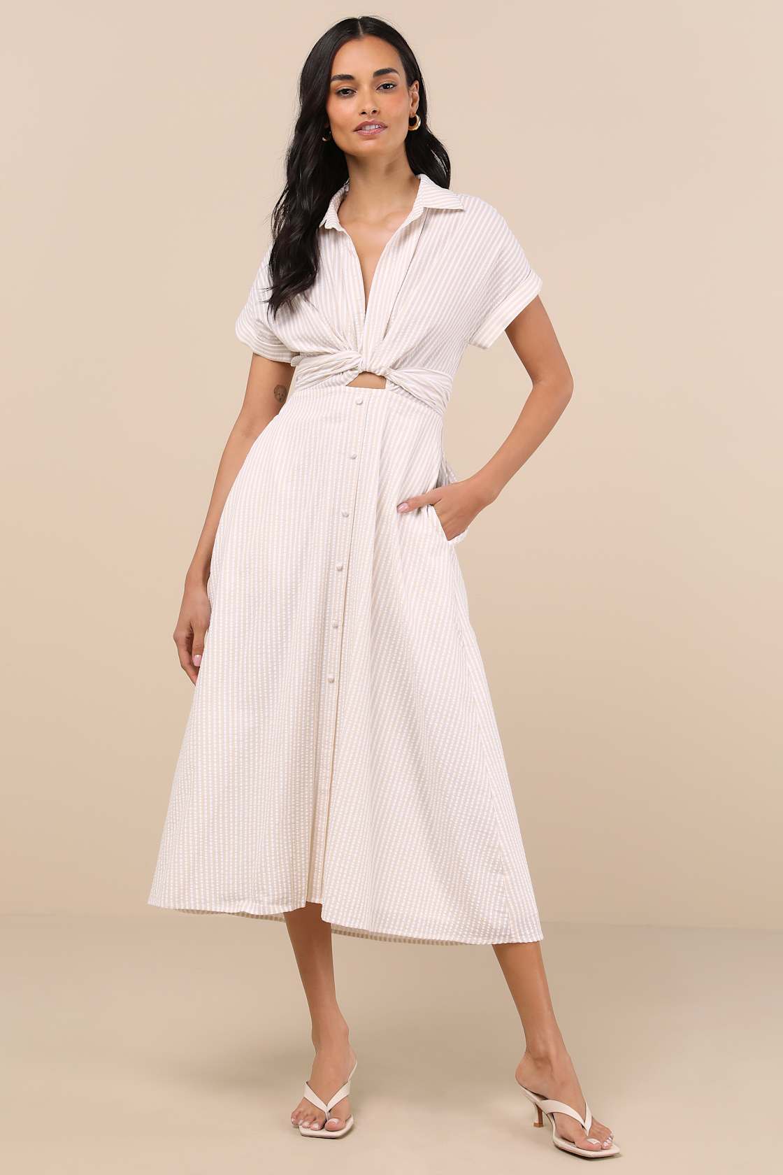 Adorable Impression Beige and White Midi Dress With Pockets