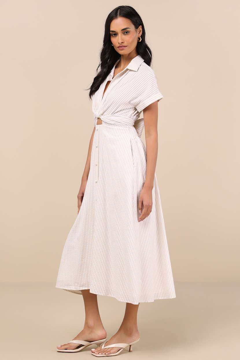 Adorable Impression Beige and White Midi Dress With Pockets