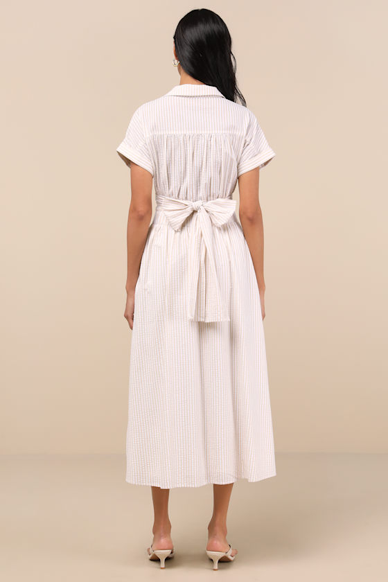 Shop Lulus Adorable Impression Beige And White Midi Dress With Pockets
