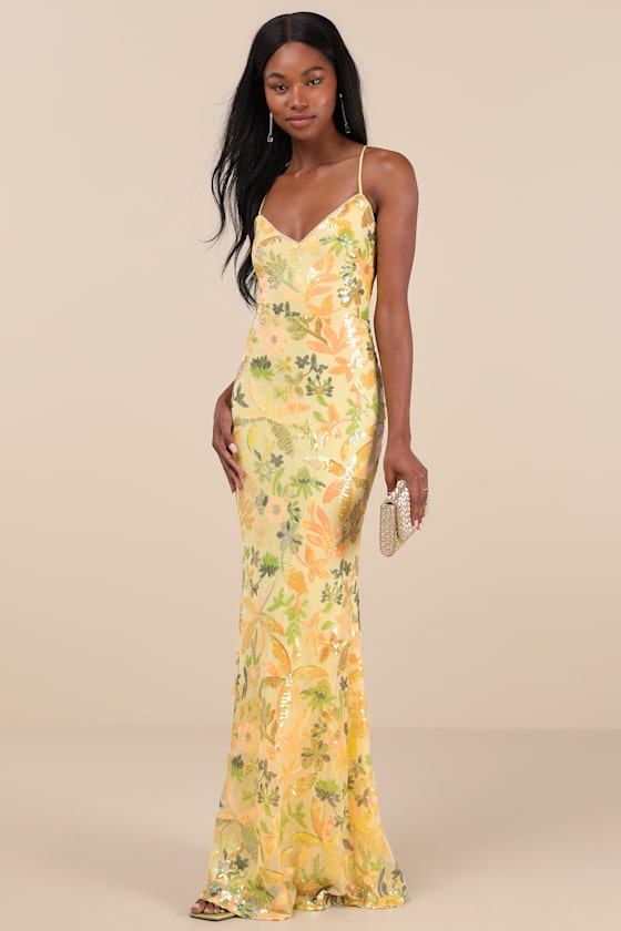 Lulus Glittering Icon Yellow Iridescent Sequin Lace-up Maxi Dress In Yellow