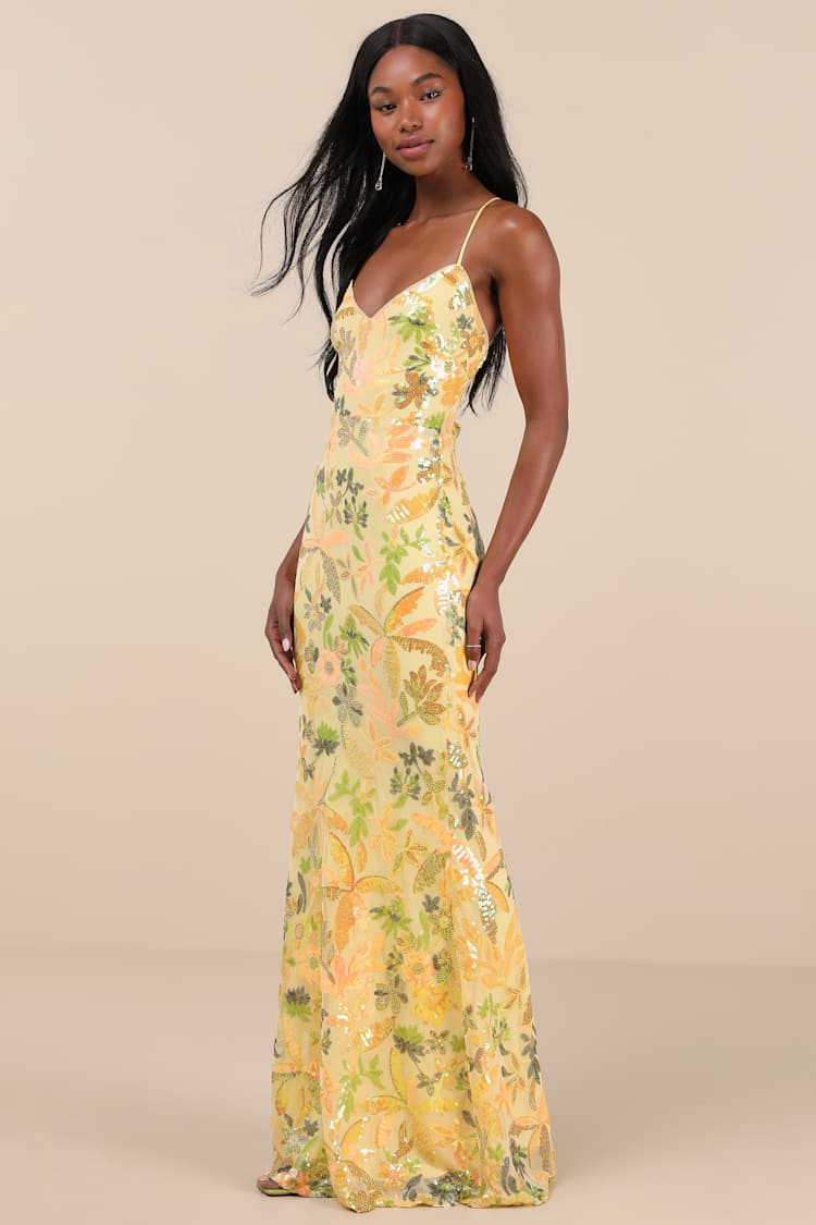 Glittering Icon Yellow Iridescent Sequin Lace-Up Maxi Dress