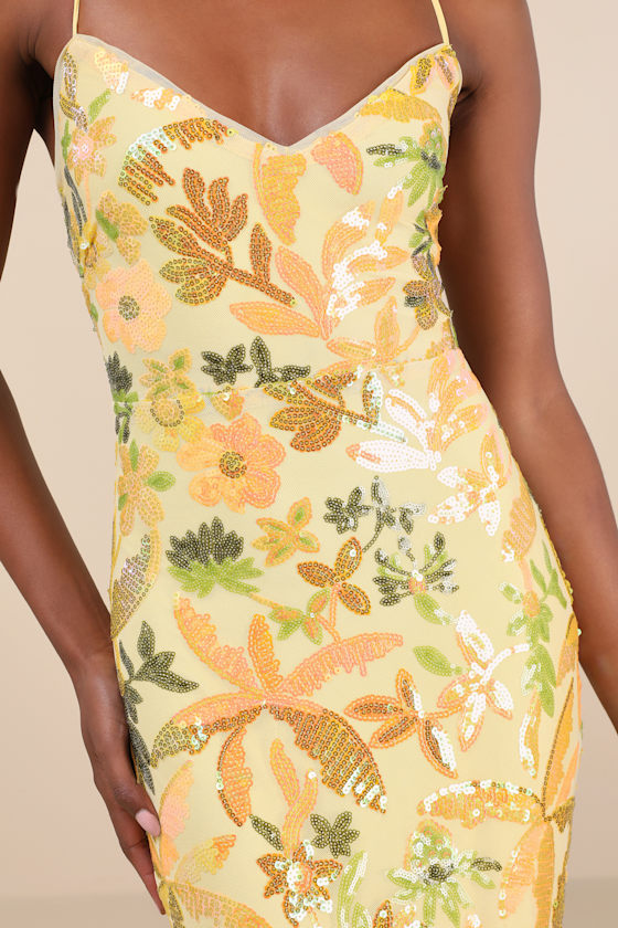 Lulus Glittering Icon Yellow Iridescent Sequin Lace-up Maxi Dress In Yellow