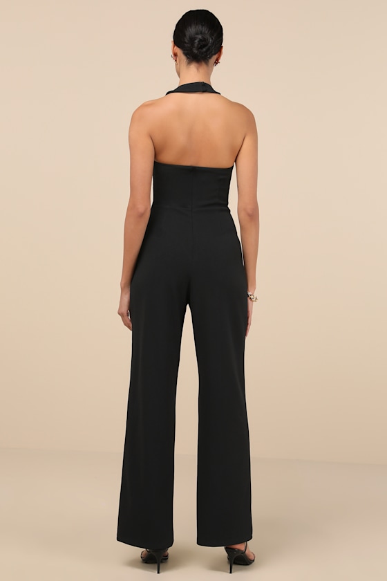 LULUS FLIRTY OUTING BLACK ASYMMETRICAL HALTER JUMPSUIT