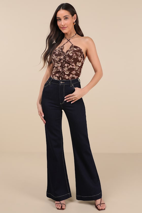 LULUS CREATIVE ESSENCE BROWN FLORAL CROSS-FRONT HALTER BODYSUIT 
