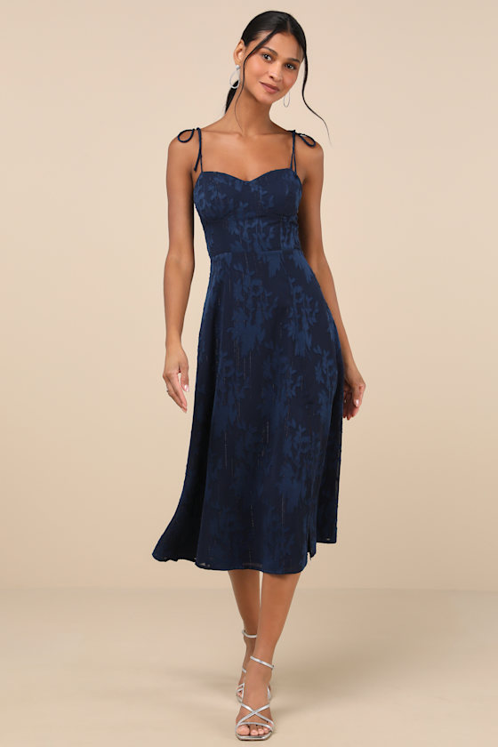Image of Loveliest Looks Navy Blue Floral Jacquard Tie-Strap Midi Dress