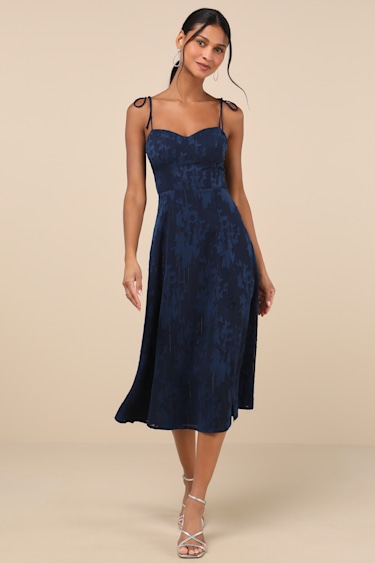 Loveliest Looks Navy Blue Floral Jacquard Tie-Strap Midi Dress