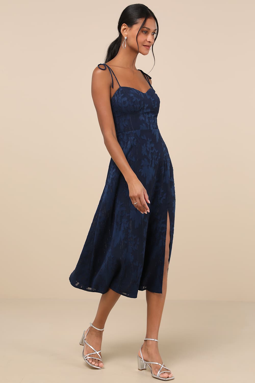 Loveliest Looks Navy Blue Floral Jacquard Tie-Strap Midi Dress