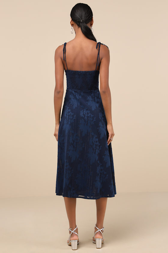 Lulus Loveliest Looks Navy Blue Floral Jacquard Tie-strap Midi Dress In Navy Blue
