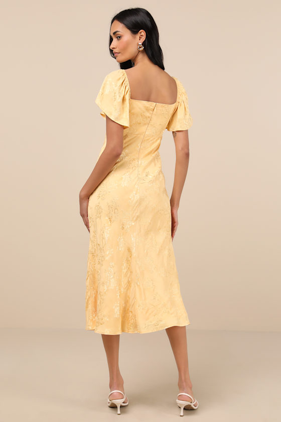 LULUS EFFERVESCENT AFTERNOON YELLOW SATIN FLUTTER SLEEVE MIDI DRESS 