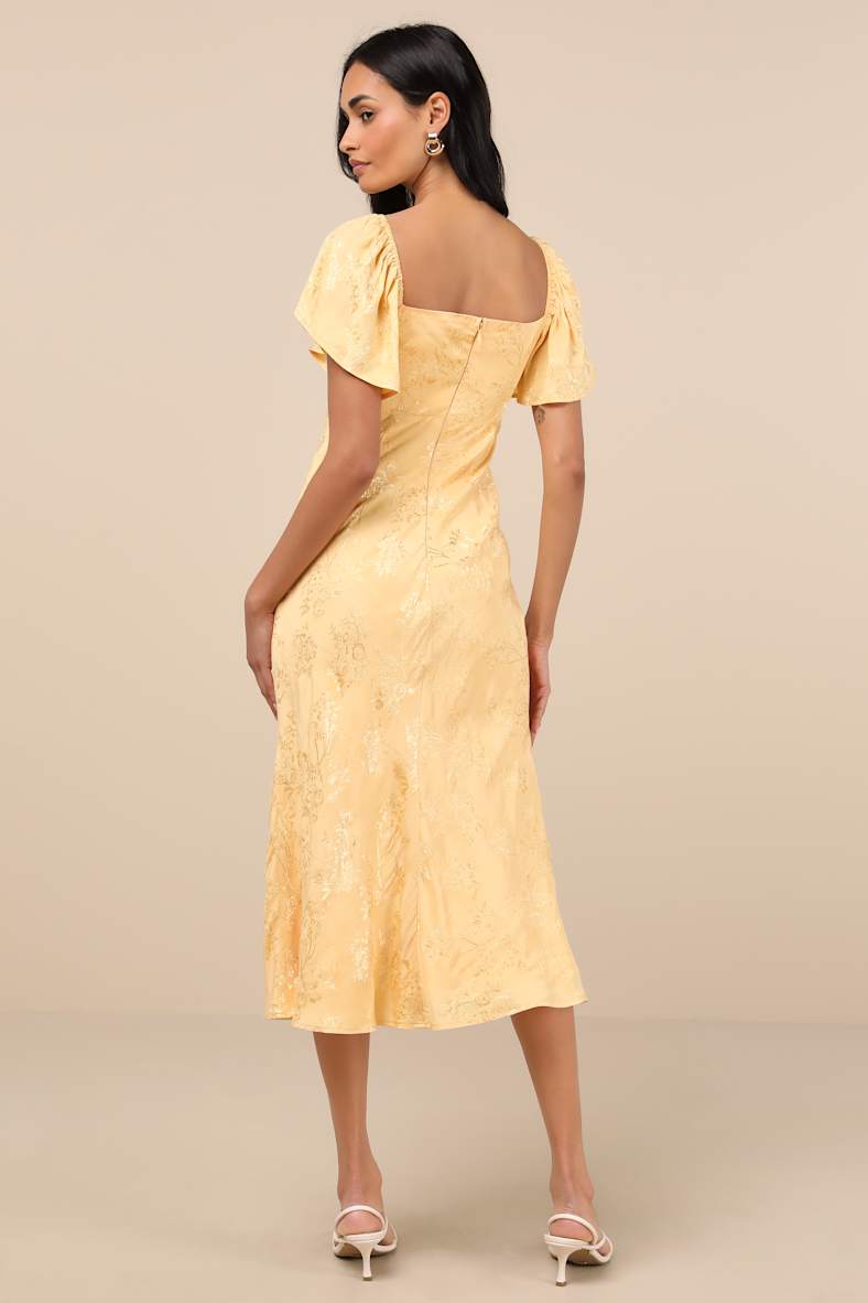 Effervescent Afternoon Yellow Satin Flutter Sleeve Midi Dress