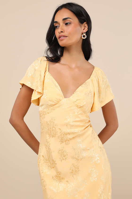 LULUS EFFERVESCENT AFTERNOON YELLOW SATIN FLUTTER SLEEVE MIDI DRESS 