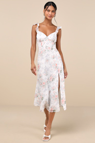 Delightful Direction White Floral Ruffled Tie-Strap Midi Dress