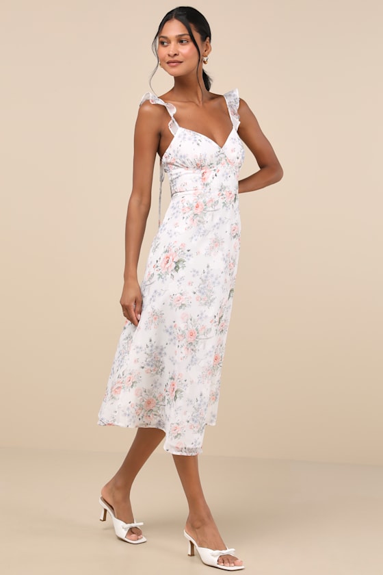 Shop Lulus Delightful Direction White Floral Ruffled Tie-strap Midi Dress