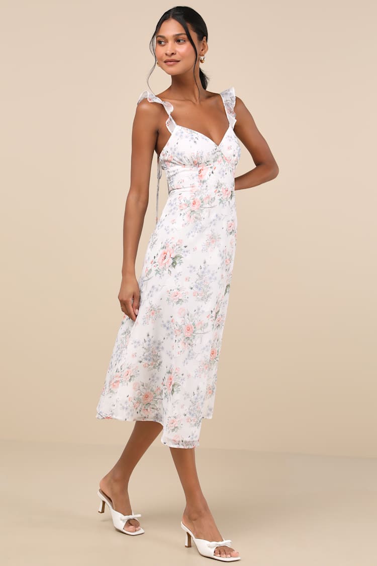 Delightful Direction White Floral Ruffled Tie-Strap Midi Dress
