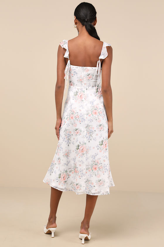 Shop Lulus Delightful Direction White Floral Ruffled Tie-strap Midi Dress