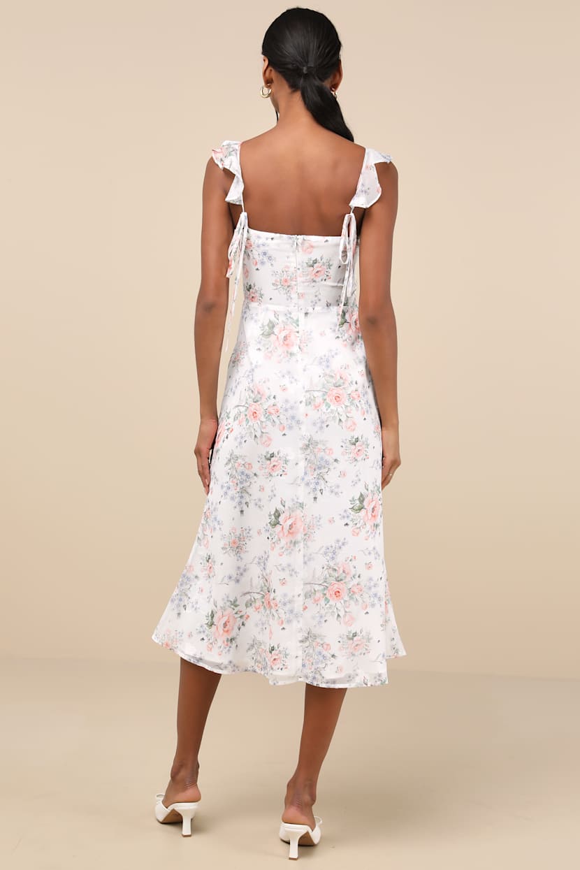 Delightful Direction White Floral Ruffled Tie-Strap Midi Dress