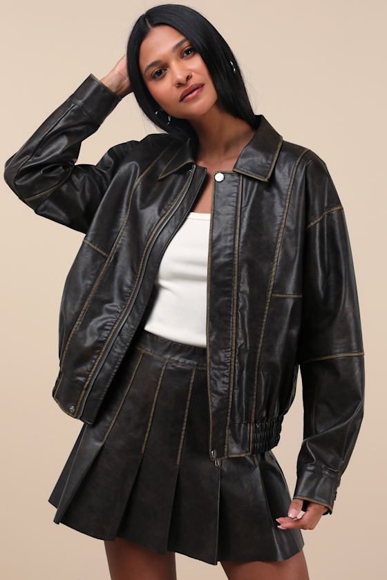 Coolest Era Dark Brown Oversized Vegan Leather Bomber Jacket 1