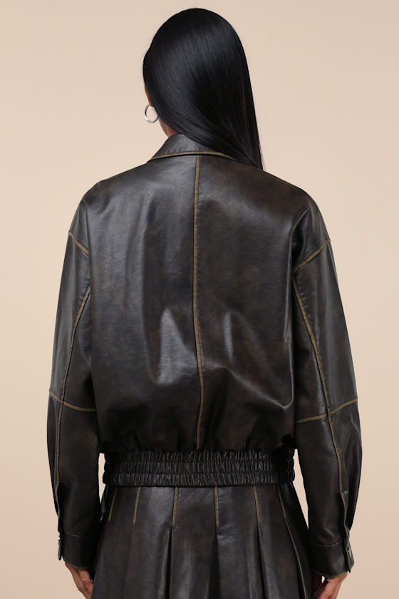 Lulus Coolest Era Dark Brown Oversized Vegan Leather Bomber Jacket In Brown
