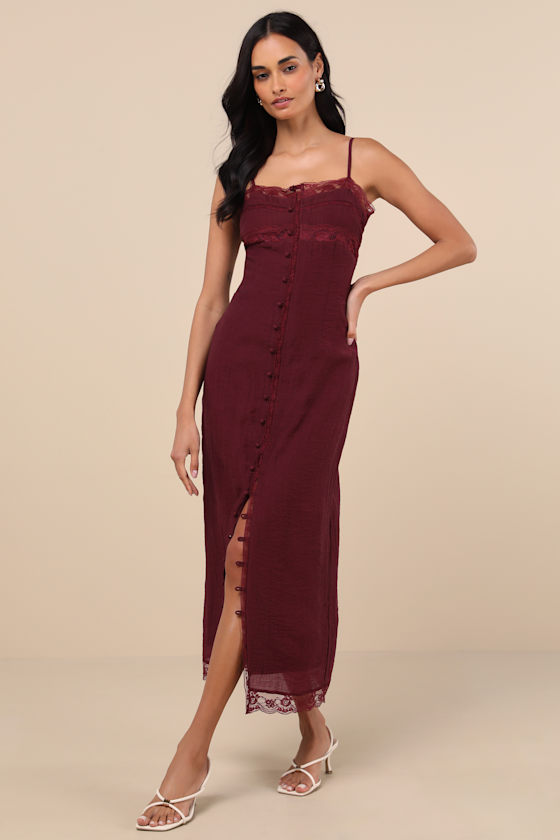 Lulus Veanna Burgundy Textured Lace Button-front Midi Dress In Burgundy