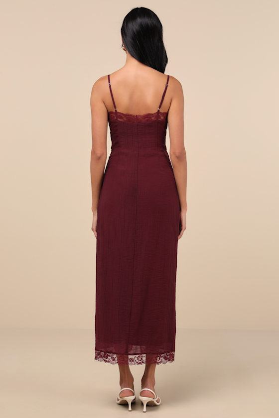 Lulus Veanna Burgundy Textured Lace Button-front Midi Dress In Burgundy