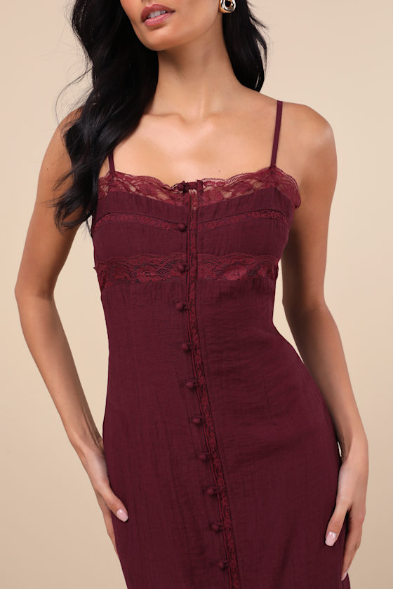 Lulus Veanna Burgundy Textured Lace Button-front Midi Dress In Burgundy