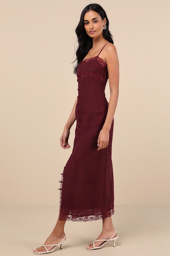 Lulus Veanna Burgundy Textured Lace Button-front Midi Dress In Burgundy