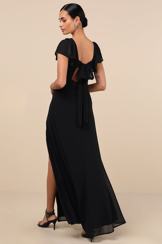 LULUS SIMPLY DELIGHTFUL BLACK TIE-BACK FLUTTER SLEEVE MAXI DRESS