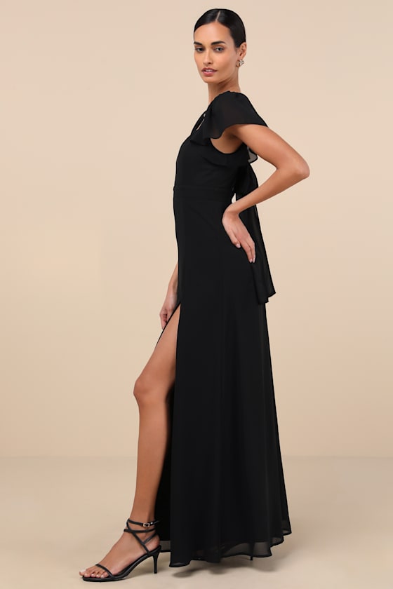LULUS SIMPLY DELIGHTFUL BLACK TIE-BACK FLUTTER SLEEVE MAXI DRESS