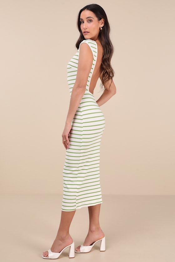 Ivory & Green Striped Dress - Backless Midi Dress - Bodycon Dress - Image 4