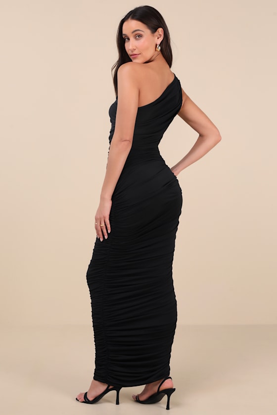 Lulus Effortless Magnetism Black Ruched One-shoulder Maxi Dress In Black