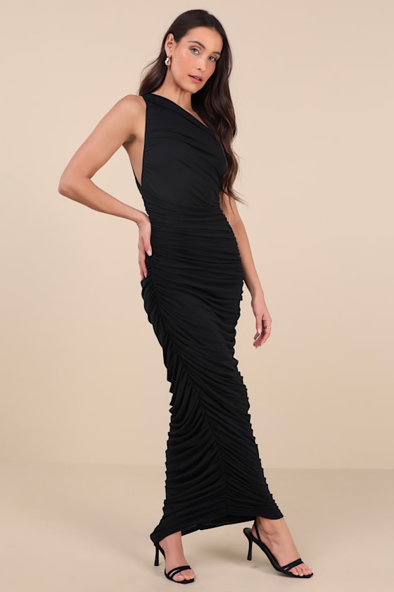 Lulus Effortless Magnetism Black Ruched One-shoulder Maxi Dress In Black
