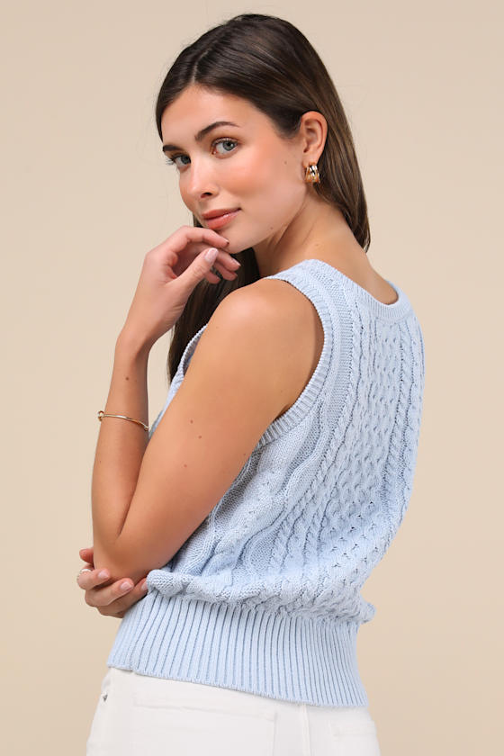 Lulus Sophisticated Staple Light Blue Cable Knit Sweater Vest In Light Blue