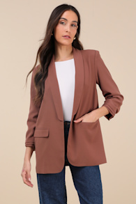 Superior Aesthetic Brown Three-Quarter Sleeve Ruched Blazer