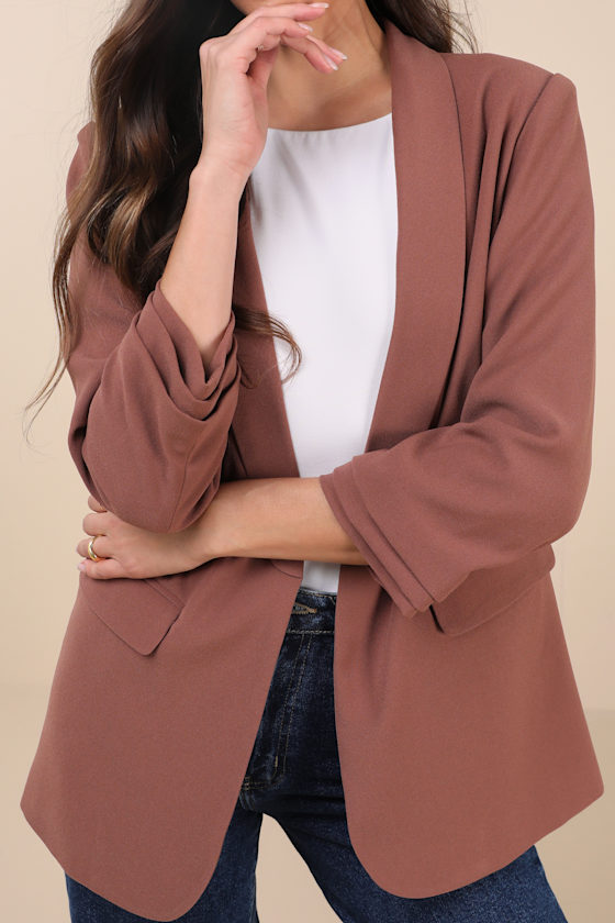 Lulus Superior Aesthetic Brown Three-quarter Sleeve Ruched Blazer In Brown