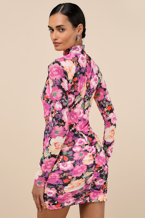 Lulus Prettiest Energy Black Multi Floral Mesh Long Sleeve Mini Dress In Black