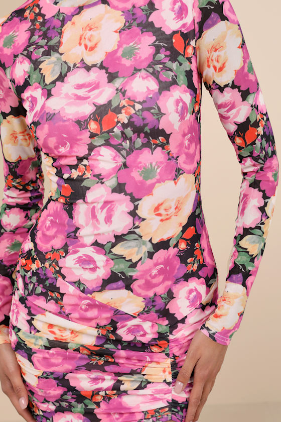 Lulus Prettiest Energy Black Multi Floral Mesh Long Sleeve Mini Dress In Black