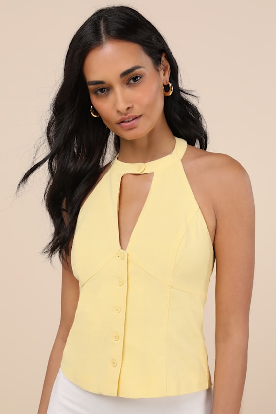 Pamula Light Yellow Halter Button-Front Top 1