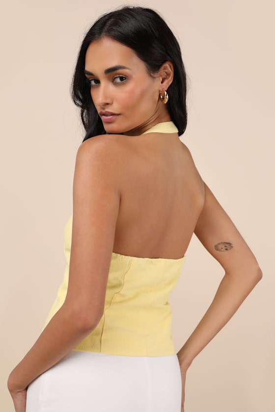 Lulus Pamula Light Yellow Halter Button-front Top In Light Yellow