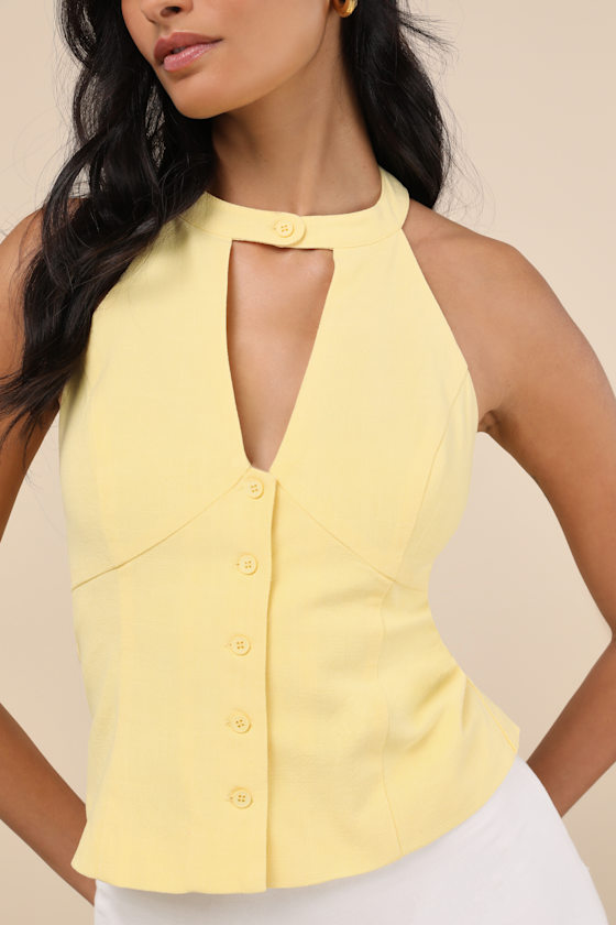 Lulus Pamula Light Yellow Halter Button-front Top In Light Yellow
