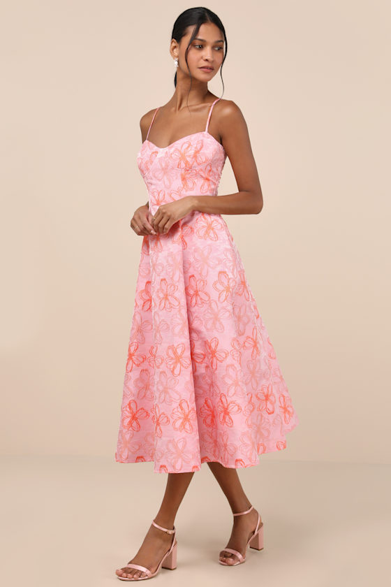 Lulus Meet For Tea Pink Jacquard Bustier Midi Dress With Pockets In Pink