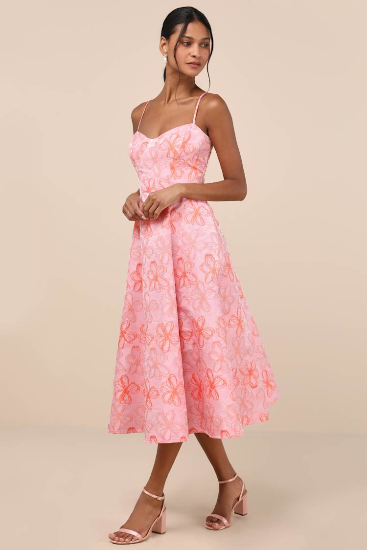 Meet for Tea Pink Jacquard Bustier Midi Dress With Pockets