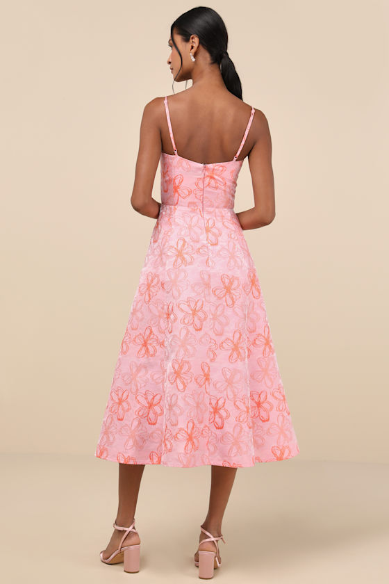 Lulus Meet For Tea Pink Jacquard Bustier Midi Dress With Pockets In Pink