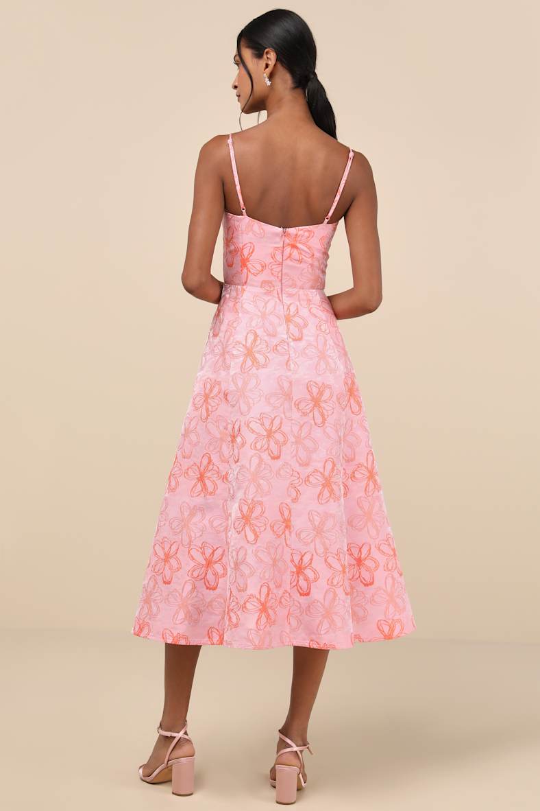 Meet for Tea Pink Jacquard Bustier Midi Dress With Pockets