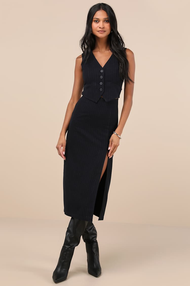 Navy Pinstriped Dress - Cutout Column Dress - Vest Midi Dress - Lulus