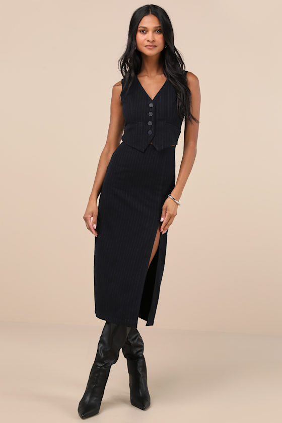 Posh Upgrade Navy Pinstriped Cutout Midi Dress 5
