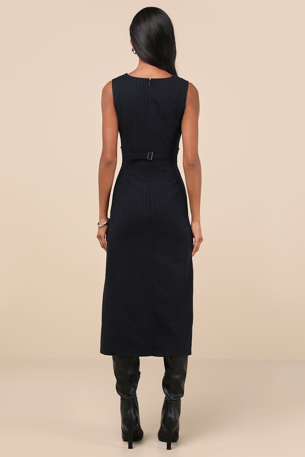 Posh Upgrade Navy Pinstriped Cutout Midi Dress