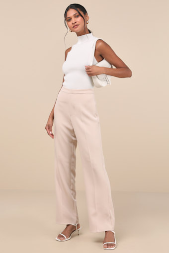 Chic Muse Beige High-Rise Straight-Leg Trouser Pants 5