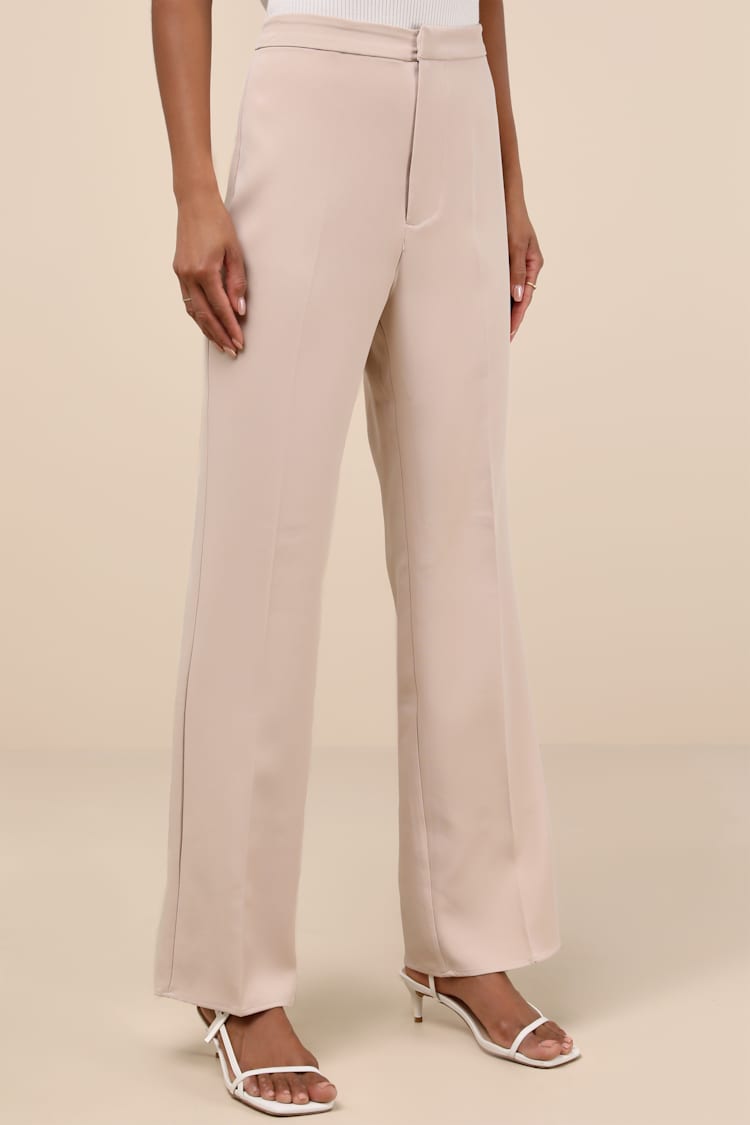 Chic Muse Beige High Rise Straight Leg Trouser Pants
