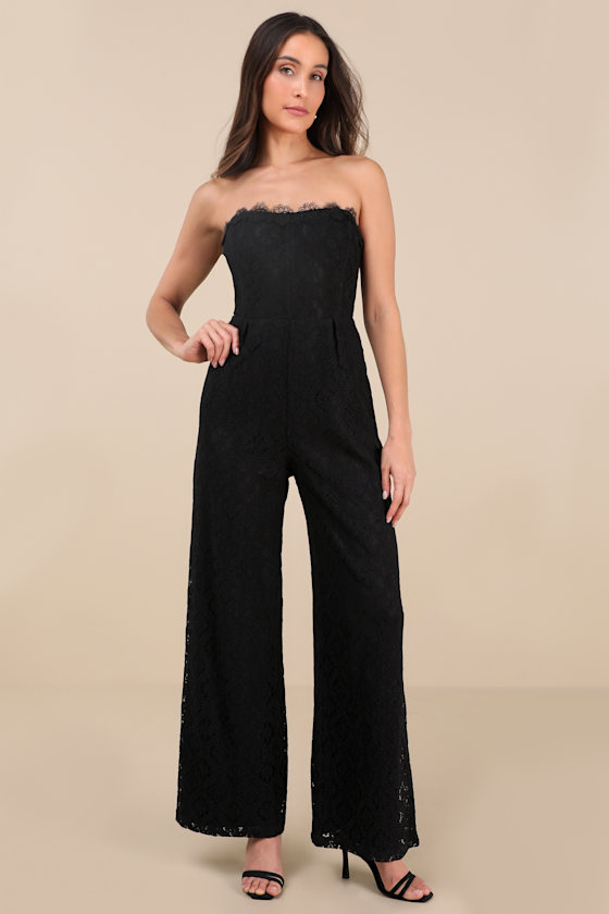 Lulus Intriguing Elegance Black Lace Strapless Jumpsuit In Black
